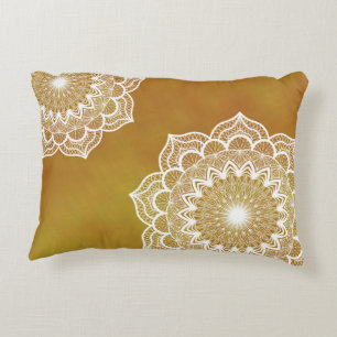 White mandala on gold background decorative cushion