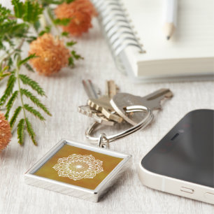White Mandala on Gold Background Key Ring