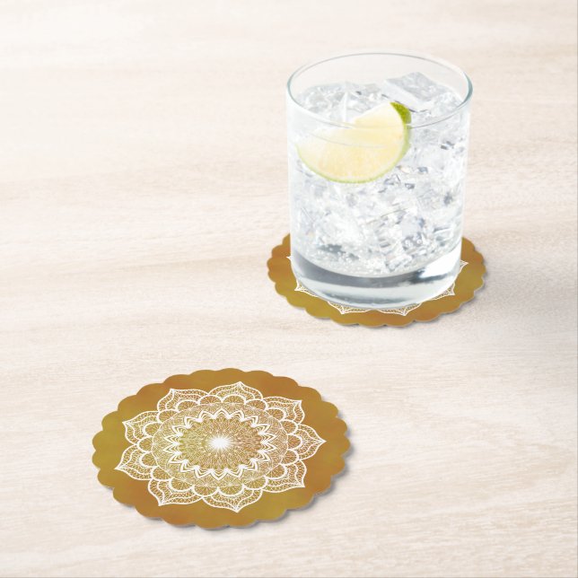 White Mandala on Gold Background Paper Coaster (Insitu)