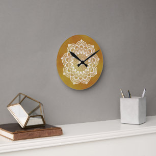 White Mandala on Gold Background Round Clock