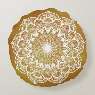 White Mandala on Gold Background Round Cushion