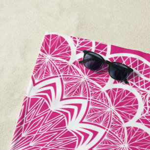 White Mandala on Pink Background Beach Towel