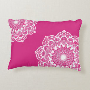 White Mandala on Pink Background Decorative Cushion