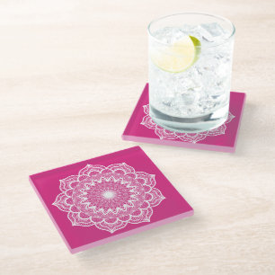 White Mandala on Pink Background Glass Coaster