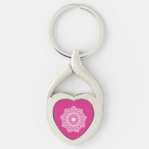 White Mandala on Pink Background Key Ring