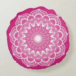 White Mandala on Pink Background Round Cushion