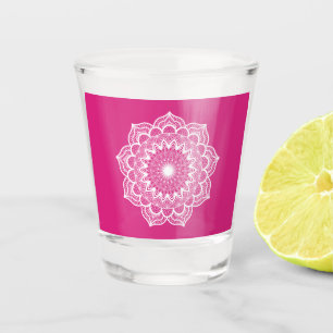 White Mandala on Pink Background Shot Glass
