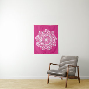 White Mandala on Pink Background Small Tapestry