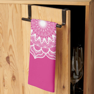 White Mandala on Pink Background Tea Towel