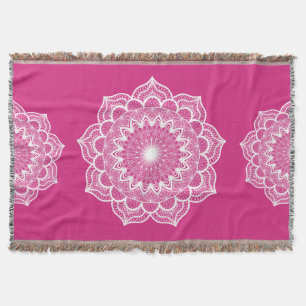 White Mandala on Pink Background Throw Blanket
