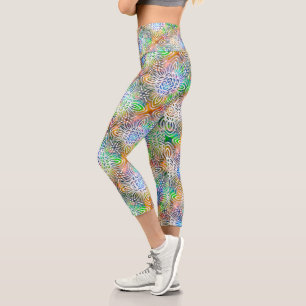 White Mandala Pattern Over Colourful Jewel Tones Capri Leggings