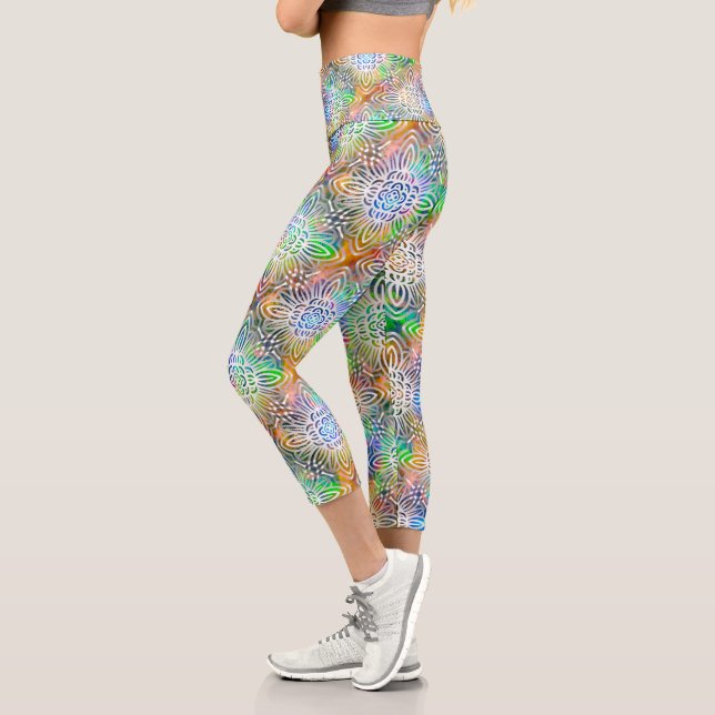 White Mandala Pattern Over Colourful Jewel Tones Capri Leggings (Left)