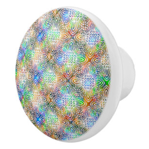 White Mandala Pattern Over Colourful Jewel Tones Ceramic Knob