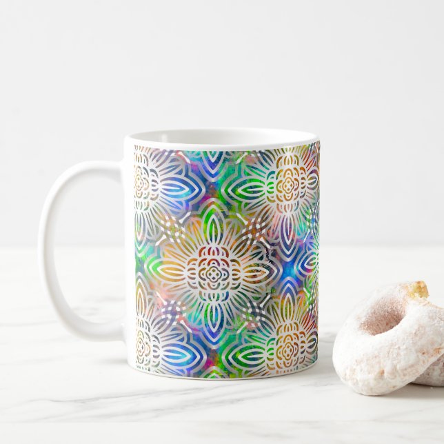 White Mandala Pattern Over Colourful Jewel Tones Coffee Mug (With Donut)