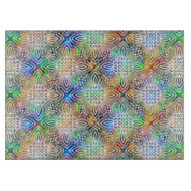 White Mandala Pattern Over Colourful Jewel Tones Cutting Board (Front)
