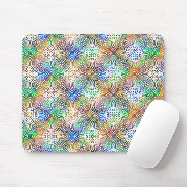 White Mandala Pattern Over Colourful Jewel Tones Mouse Pad (With Mouse)