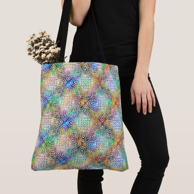 White Mandala Pattern Over Colourful Jewel Tones Tote Bag (Close Up)