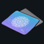 White mandala purple and blue ombre monogram laptop sleeve<br><div class="desc">Elegant white vintage floral ornate mandala over purple and white ombre background.
Optional name monogram.</div>