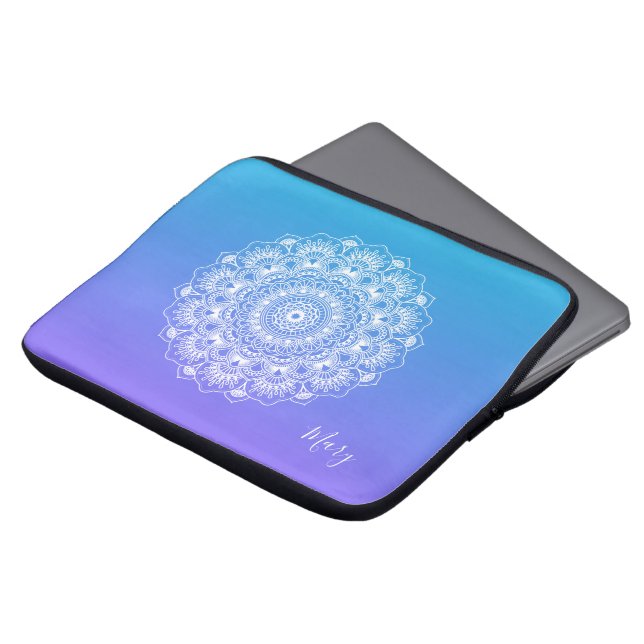 White mandala purple and blue ombre monogram laptop sleeve (Front Top)