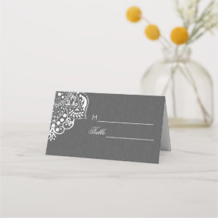 White Mandela On Grey Damask Place Card