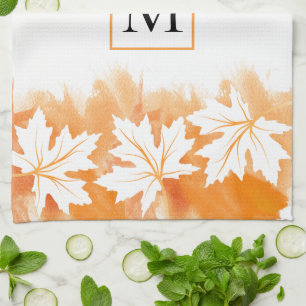 White maple leaf orange watercolor wash, monogram tea towel