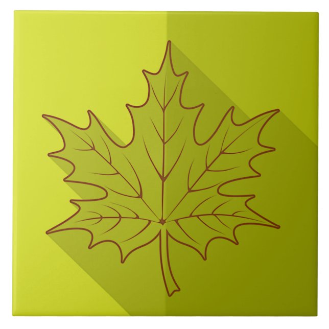 White Maple Leaf Outline on bright green Ceramic Tile (Front)