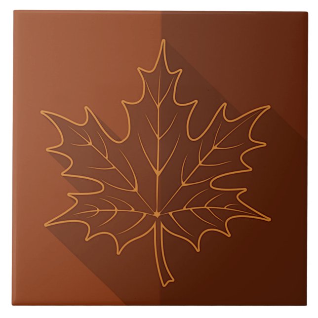 White Maple Leaf Outline on brown Ceramic Tile (Front)