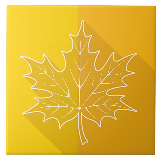 White Maple Leaf Outline on gold Ceramic Tile (Front)