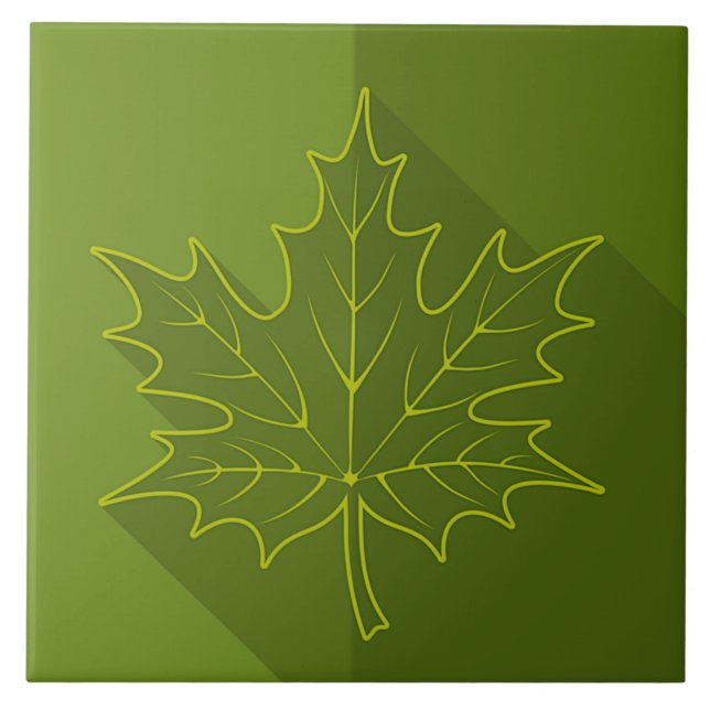 White Maple Leaf Outline on green Ceramic Tile (Front)