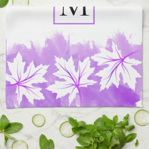White maple leaf purple watercolor wash, monogram tea towel