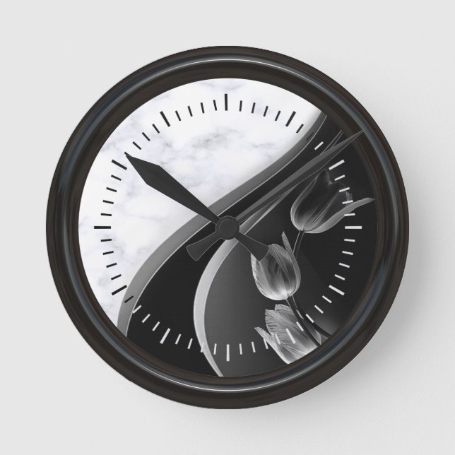 White Marble Abstract Tulips Round Clock (Front)