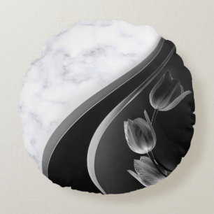 White Marble Abstract Tulips Round Cushion