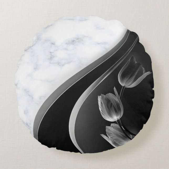White Marble Abstract Tulips Round Cushion (Front)