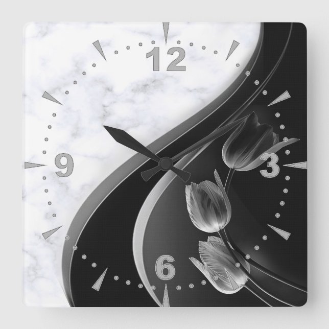 White Marble Abstract Tulips Square Wall Clock (Front)
