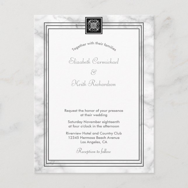 White Marble all in one Invitation RSVP l Website Postcard (Front)