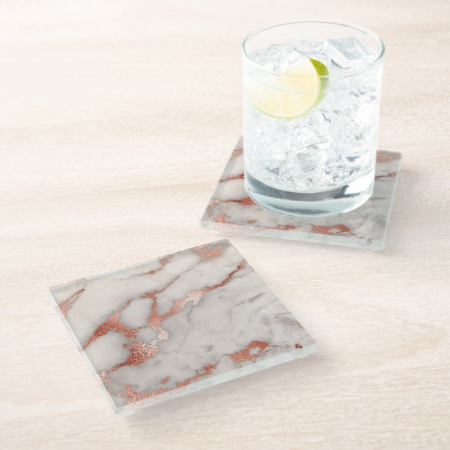 white marble and faux rose gold glass coaster (Angled)