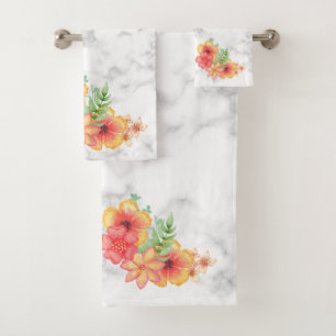 White Marble And Flowers Bath Towel Set