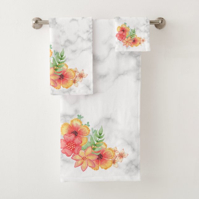 White Marble And Flowers Bath Towel Set (Insitu)