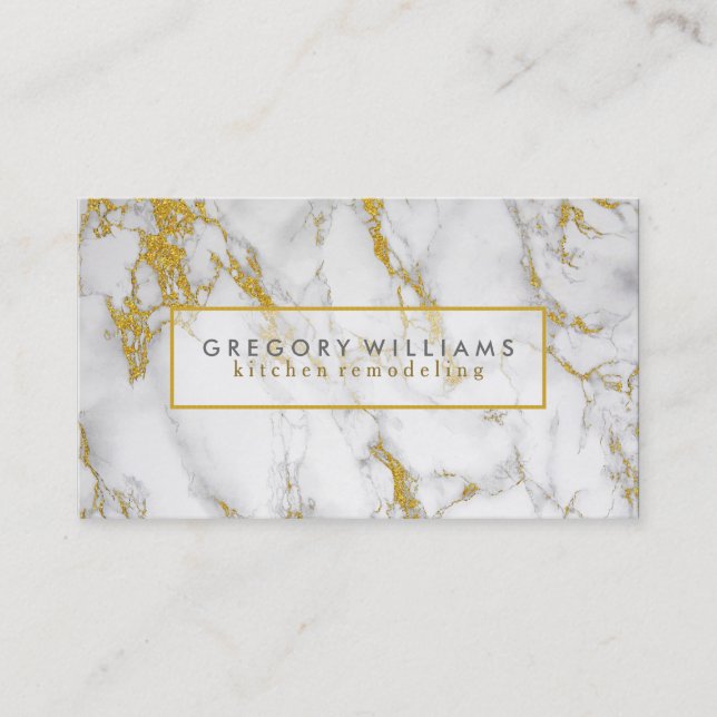 White Marble And Gold Accents Business Card (Front)