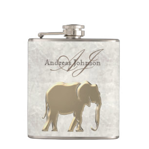 White Marble and Gold Elephant Elegant Monogrammed Hip Flask