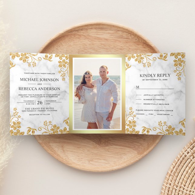 White Marble and Gold Foil Floral Leaves Wedding Tri-Fold Invitation (Creator Uploaded)