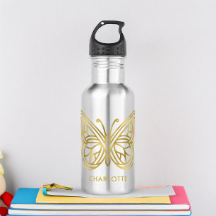 White Marble and Gold Geometric Butterfly 532 Ml Water Bottle