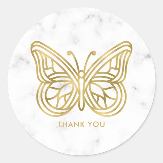White Marble and Gold Geometric Butterfly Classic Round Sticker (Front)