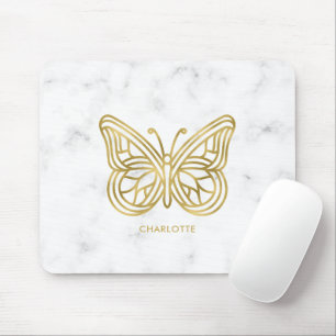 White Marble and Gold Geometric Butterfly Mouse Pad