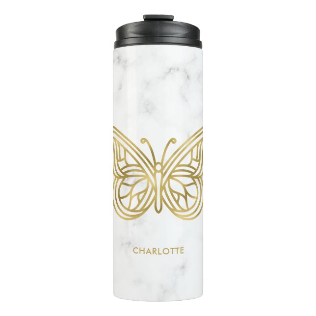White Marble and Gold Geometric Butterfly Throw Pi Thermal Tumbler (Front)
