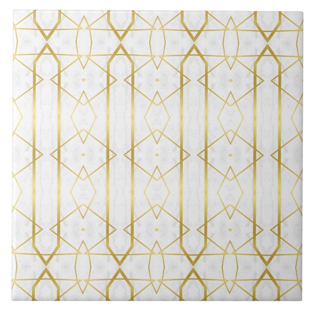 White Marble and Gold Geometric pattern Ceramic Tile (Front)