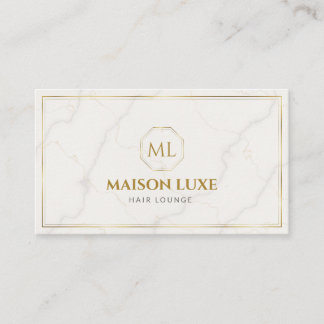 White Marble and Gold Luxury Hair Salon Monogram Business Card