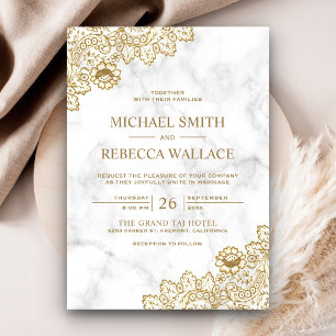 White Marble and Gold Vintage Country Lace Wedding Invitation