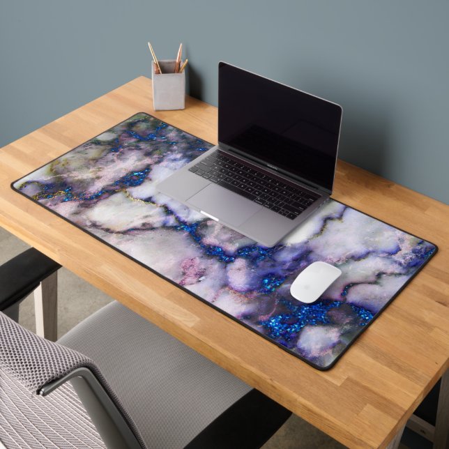 White Marble And Pink And Blue Glitter Desk Mat (Office 2)