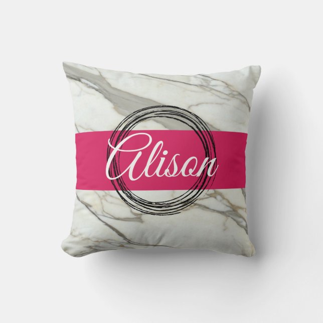 White marble and pink fuchsia custom name girly cushion (Front)